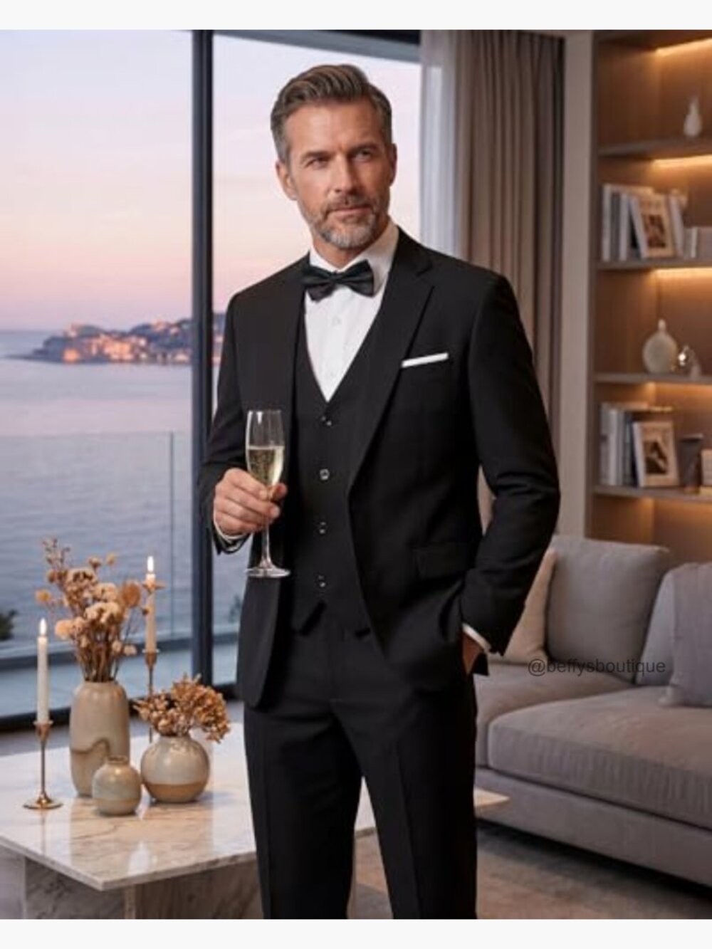 Slim Fit 3-Piece Suit Set Stretch Blazer Vest Pants Formal Wear - Picture 2 of 7